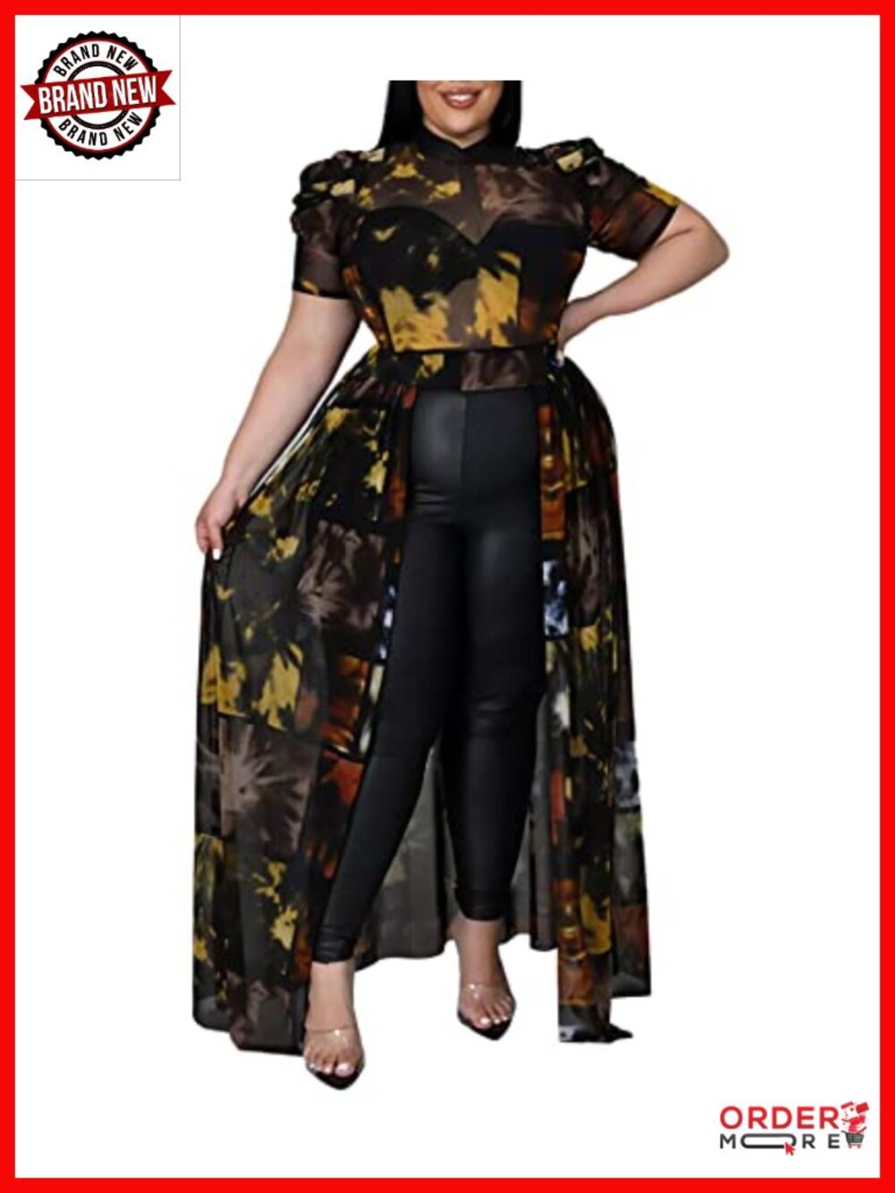 Plus Size High Low Mesh Ruffle Short Sleeve Tunic Blouse